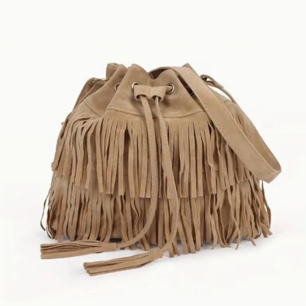 NEW Tan Fringe Bag Bucket Purse Drawstring Pockets Apricot